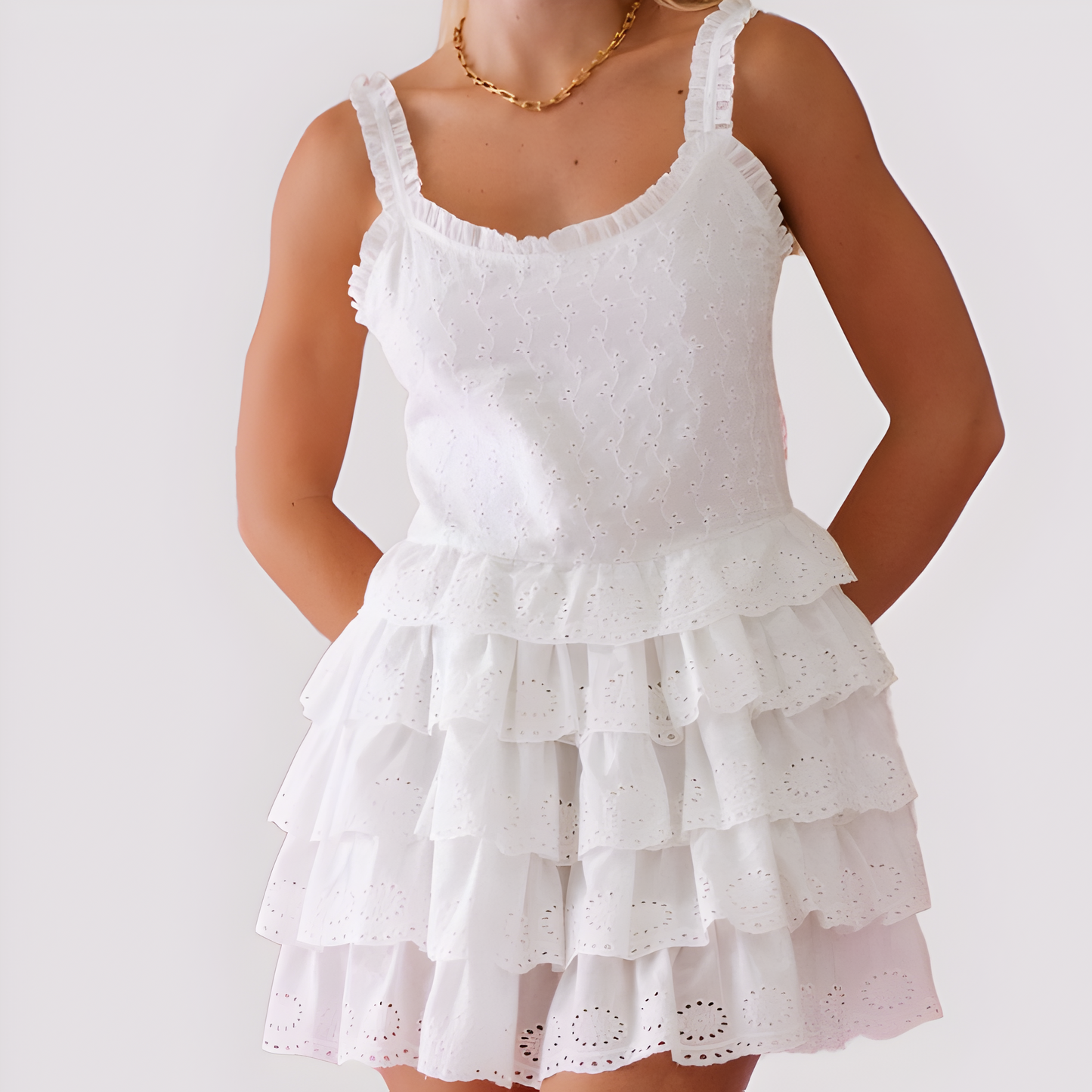 Eyelet Tiered Mini Dress with Ruffle Straps and Scalloped Hem Detail