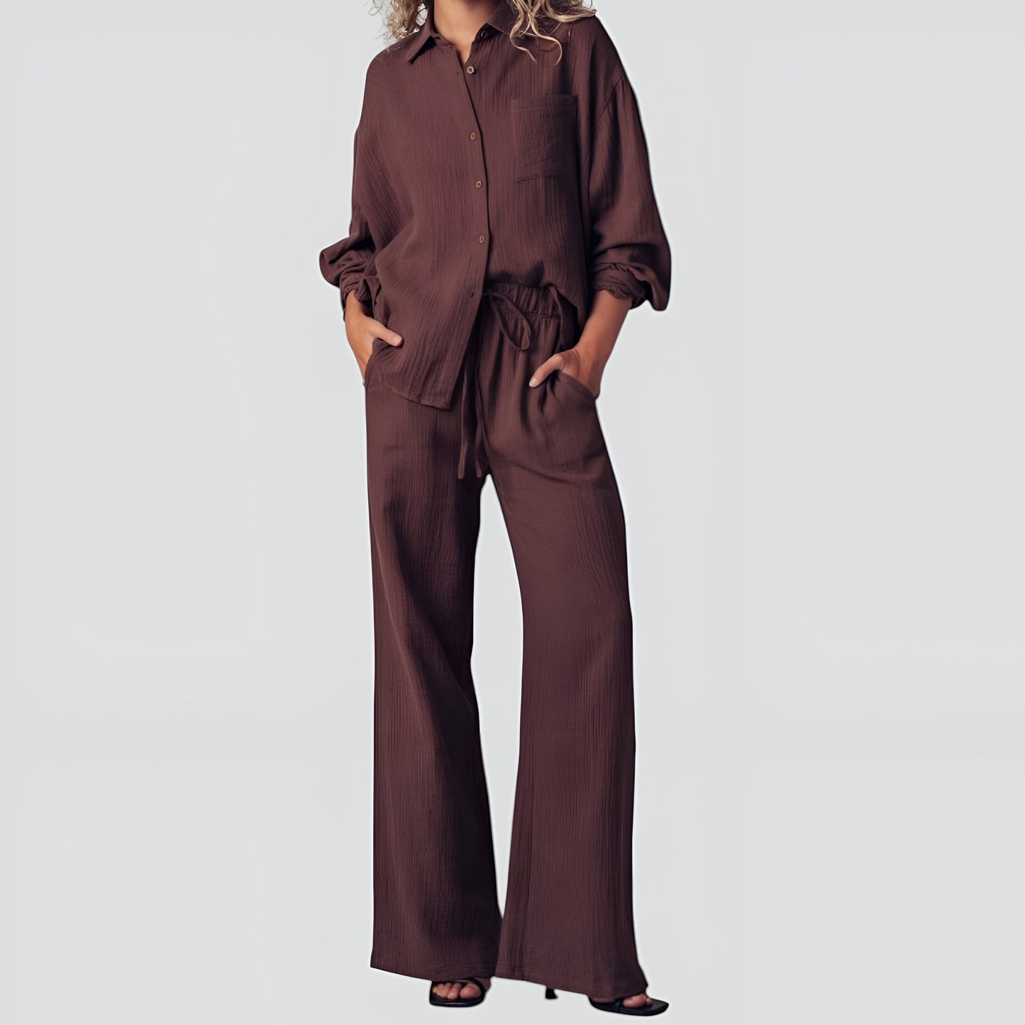 Textured Button-Up Shirt and Wide-Leg Drawstring Pants Set with Pockets