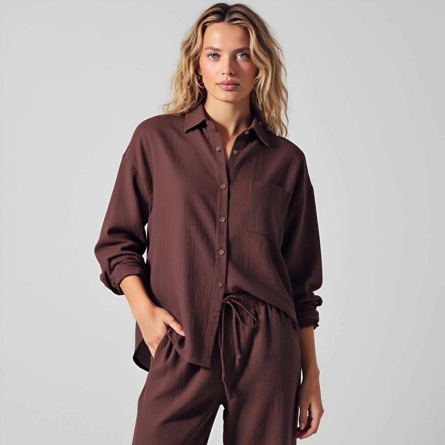 Textured Button-Up Shirt and Wide-Leg Drawstring Pants Set with Pockets