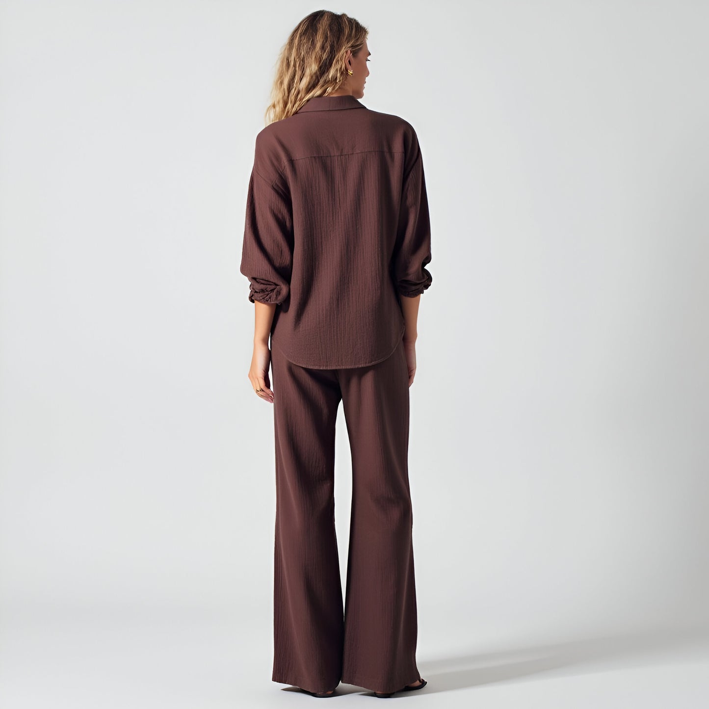 Textured Button-Up Shirt and Wide-Leg Drawstring Pants Set with Pockets