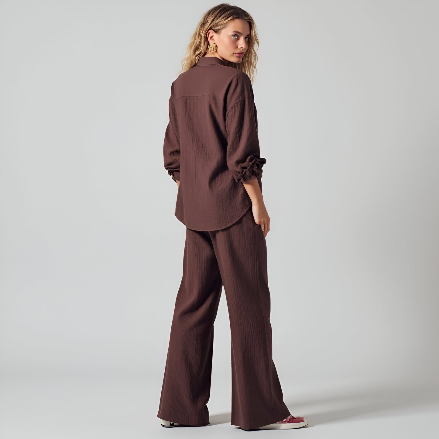 Textured Button-Up Shirt and Wide-Leg Drawstring Pants Set with Pockets