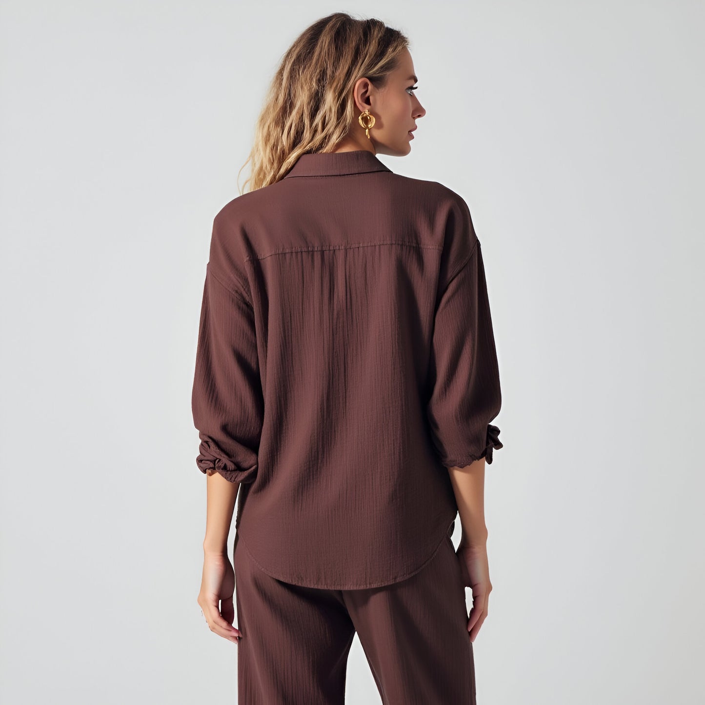 Textured Button-Up Shirt and Wide-Leg Drawstring Pants Set with Pockets