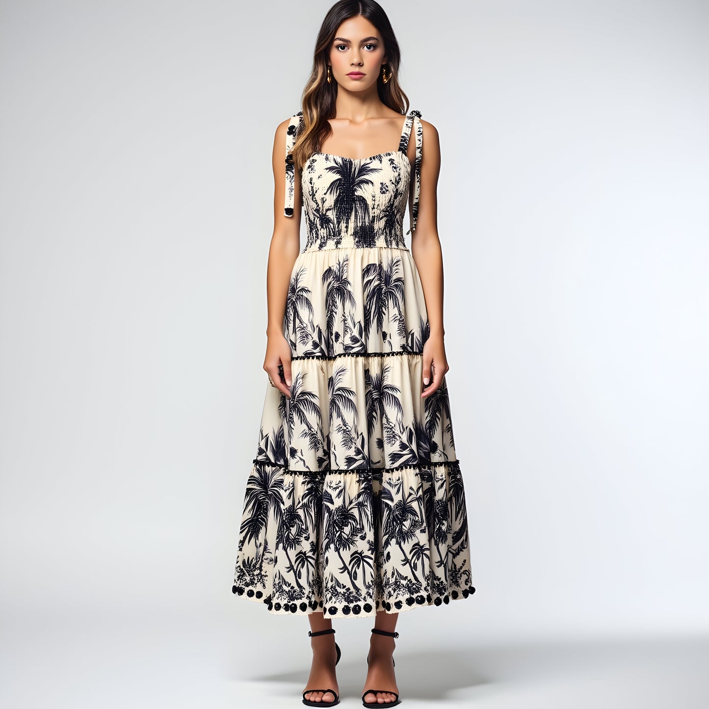 Tropical Print Tiered Midi Dress with Pom Trim and Smocked Bodice