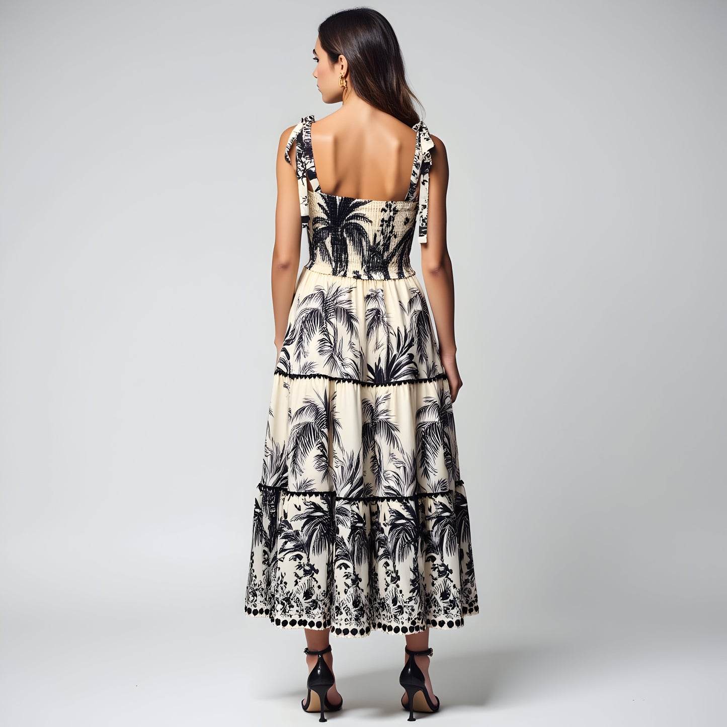 Tropical Print Tiered Midi Dress with Pom Trim and Smocked Bodice