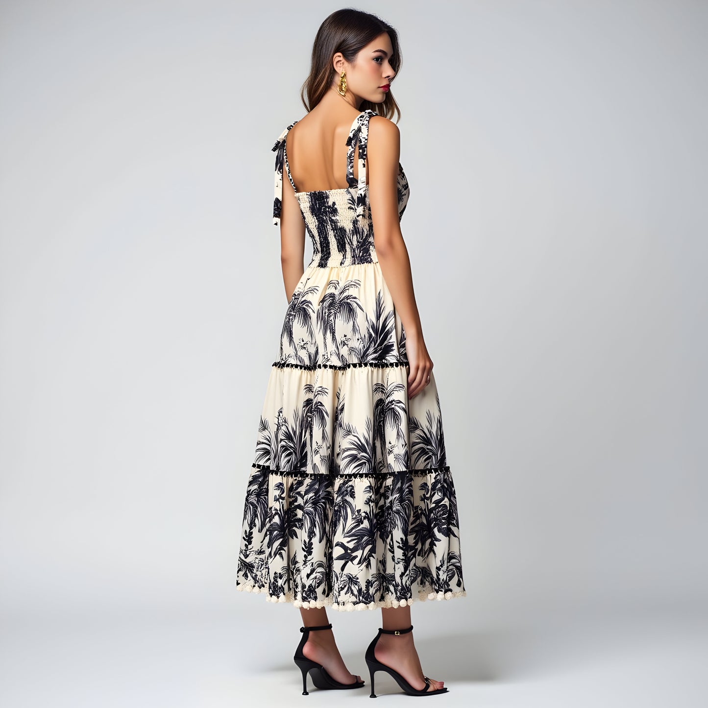 Tropical Print Tiered Midi Dress with Pom Trim and Smocked Bodice