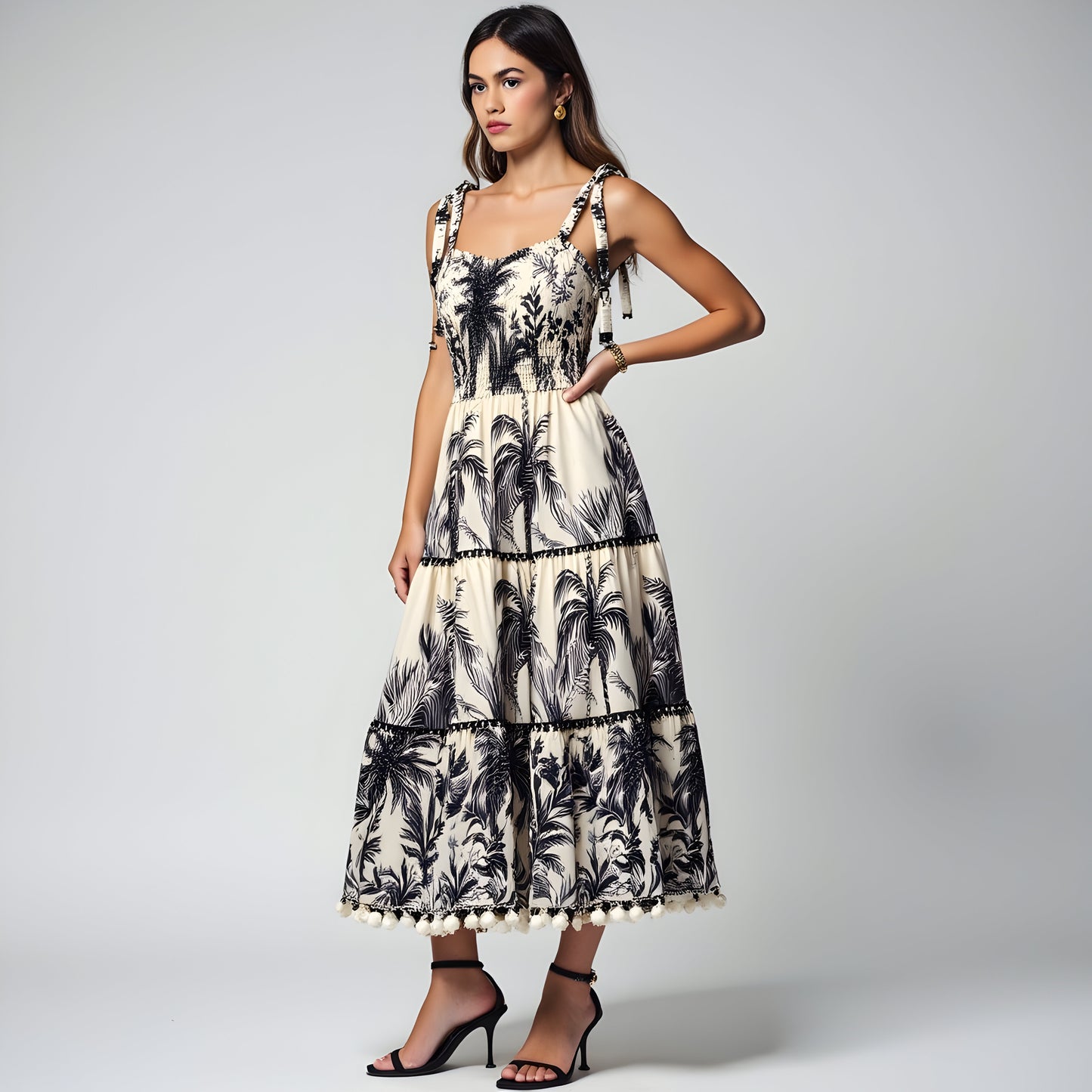 Tropical Print Tiered Midi Dress with Pom Trim and Smocked Bodice