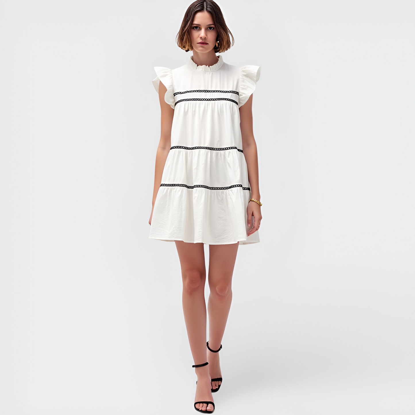 Ruffle Sleeve Tiered Mini Dress with Contrast Trim and High Neckline