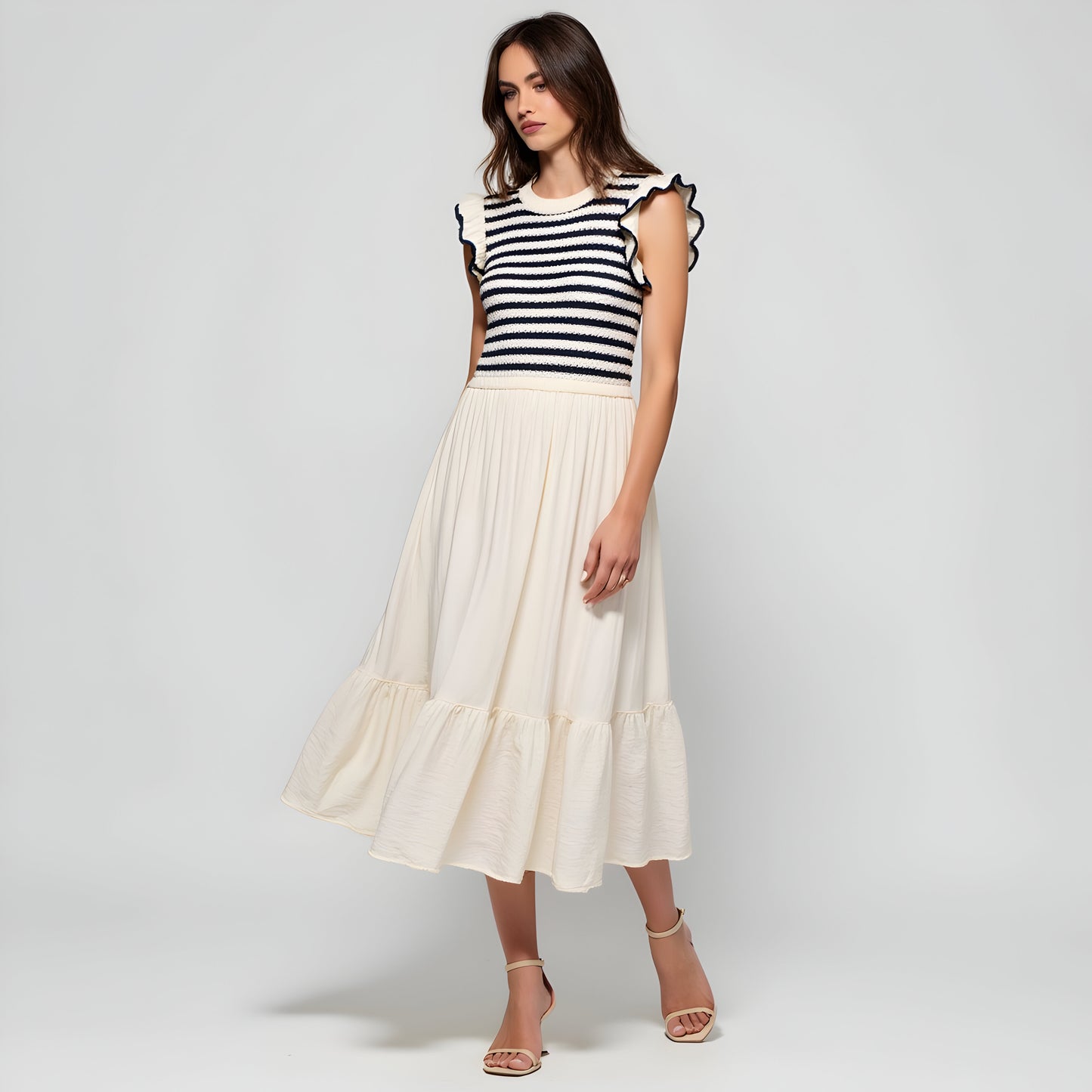 Striped Knit Bodice Dress with Ruffle Sleeves and Tiered Skirt