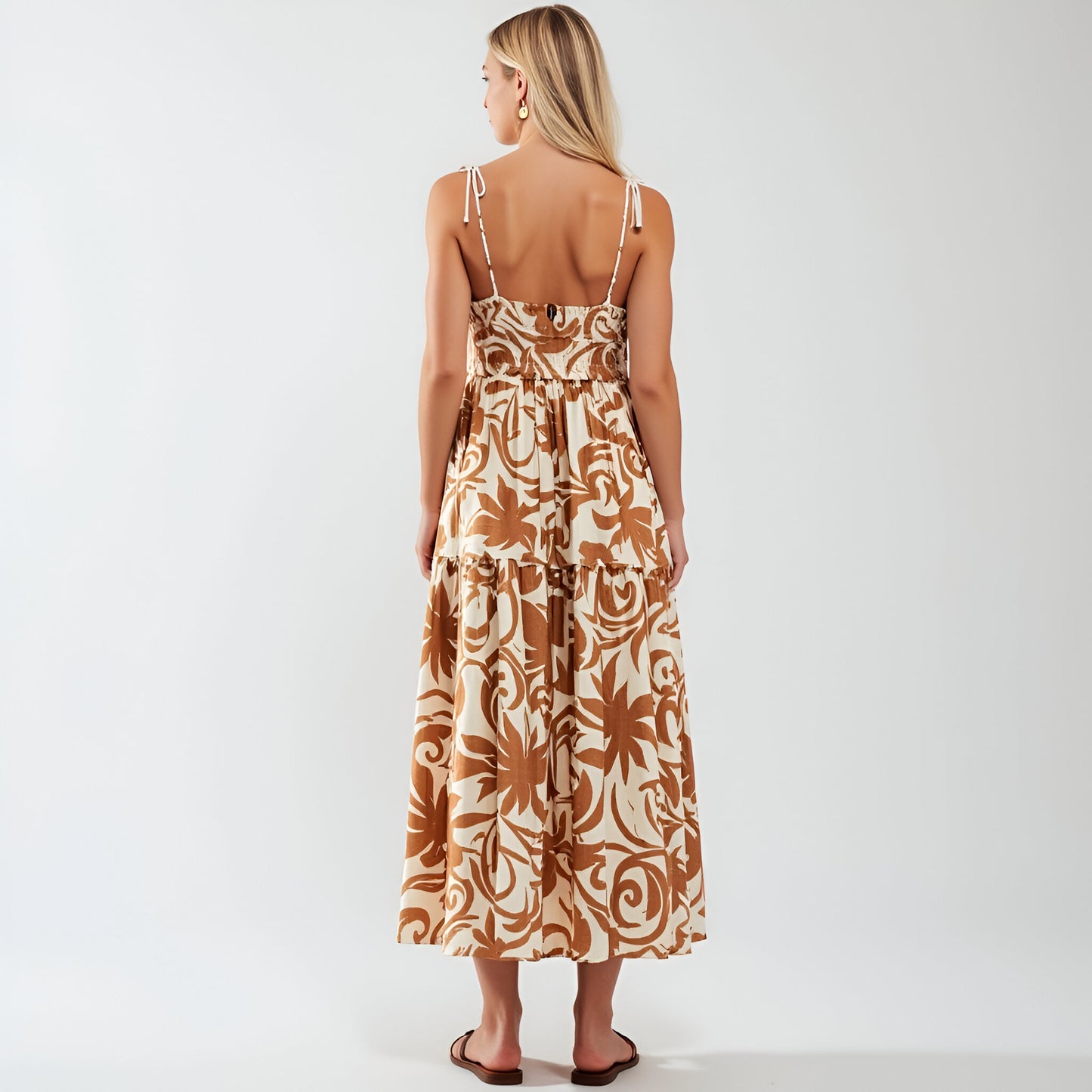 Tropical Print Midi Dress with Crochet Bodice and Tie Shoulder Straps