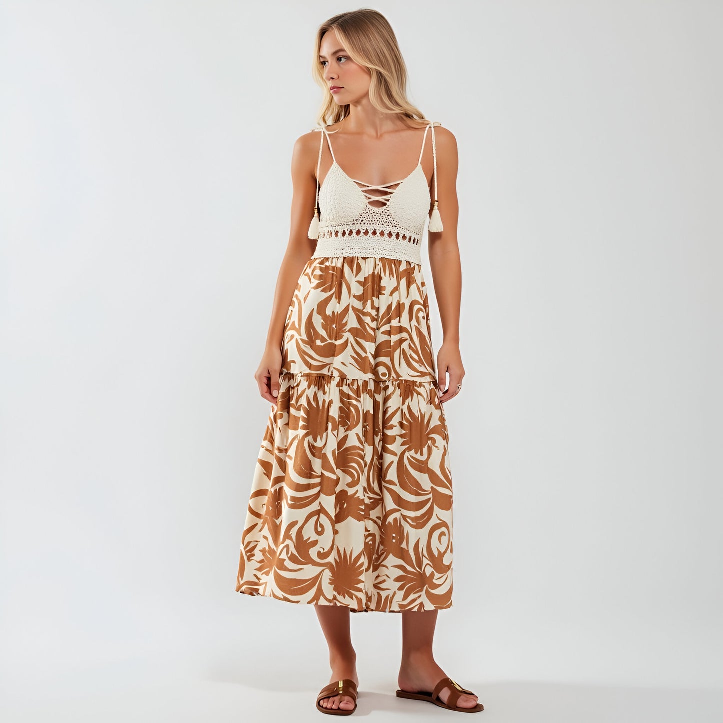 Tropical Print Midi Dress with Crochet Bodice and Tie Shoulder Straps