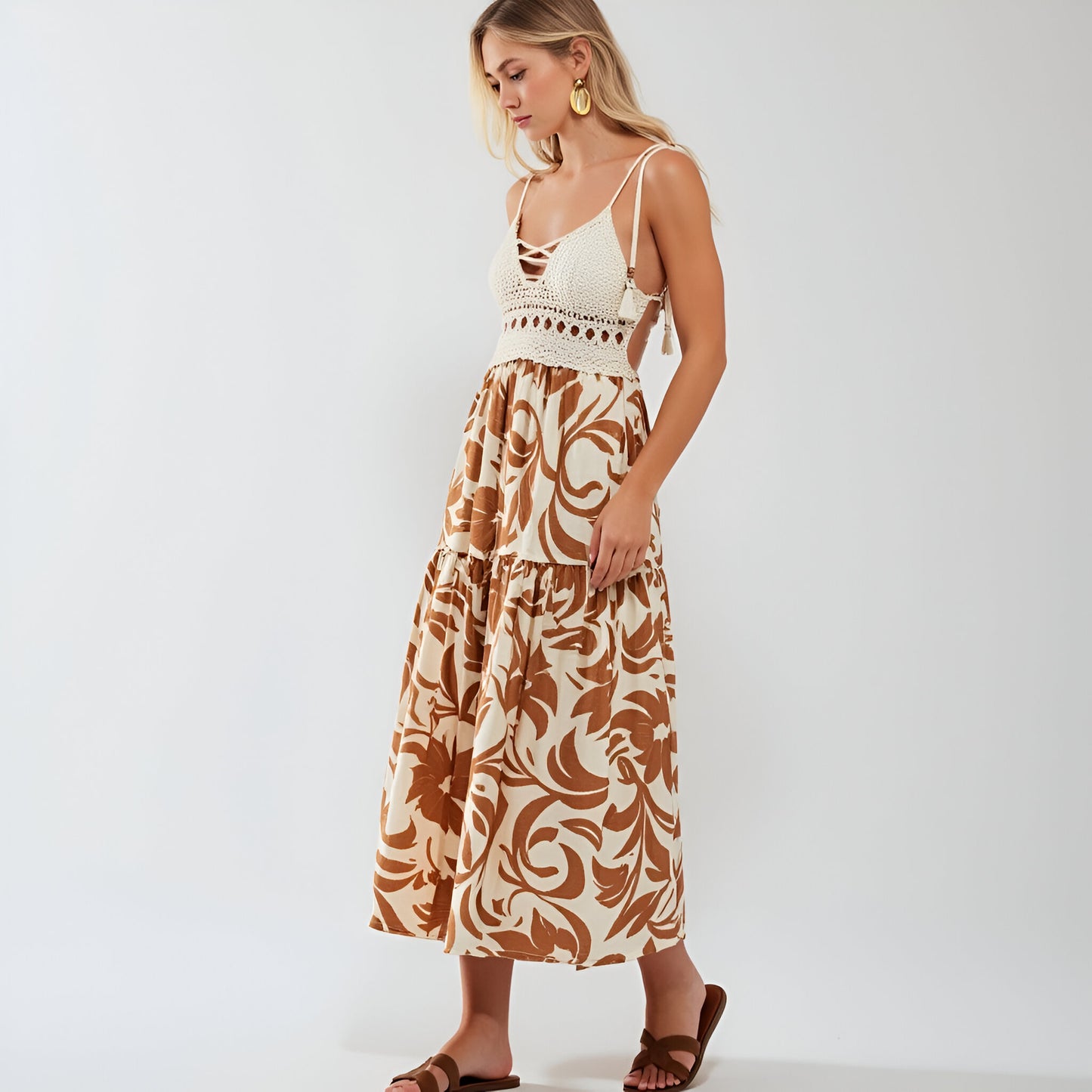 Tropical Print Midi Dress with Crochet Bodice and Tie Shoulder Straps