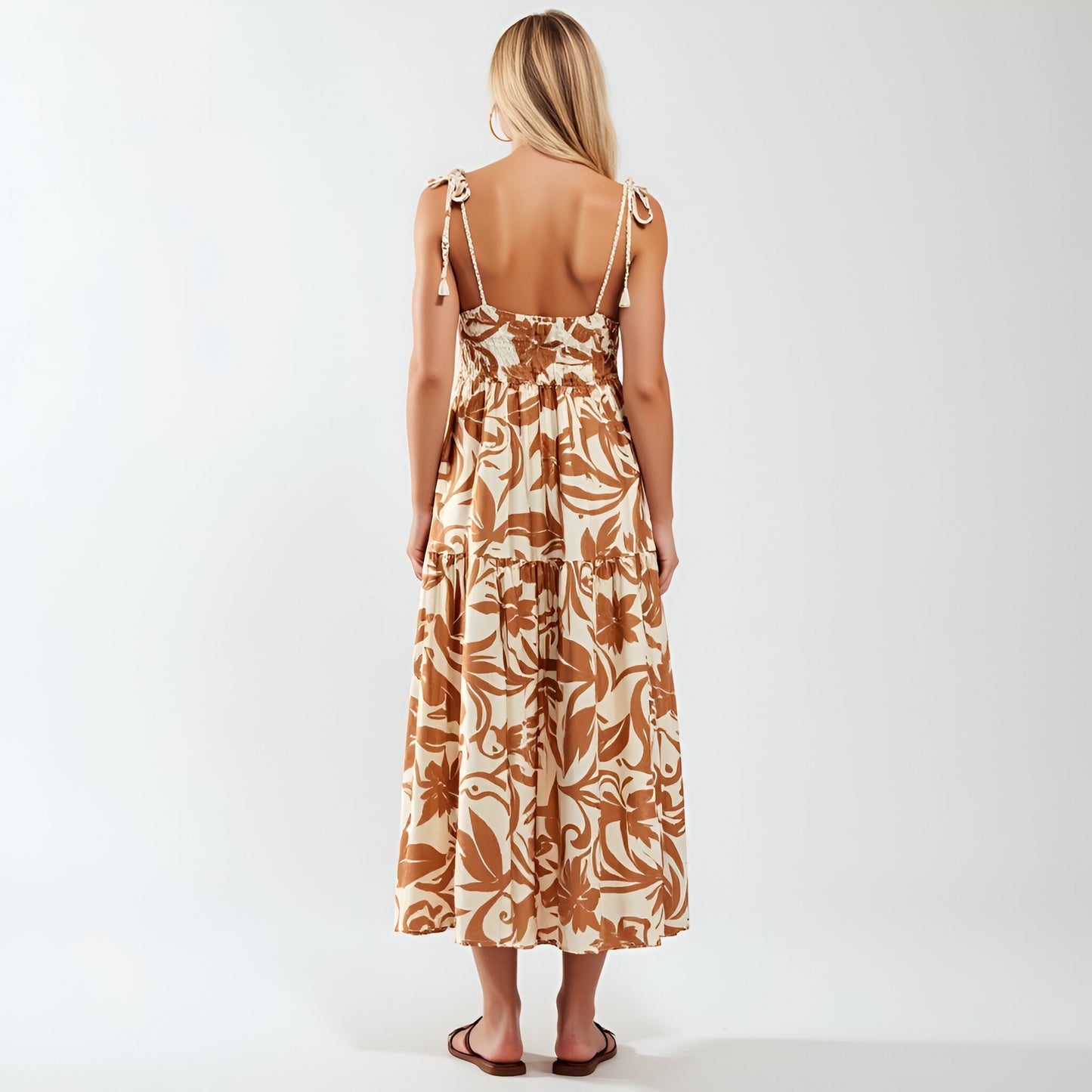 Tropical Print Midi Dress with Crochet Bodice and Tie Shoulder Straps