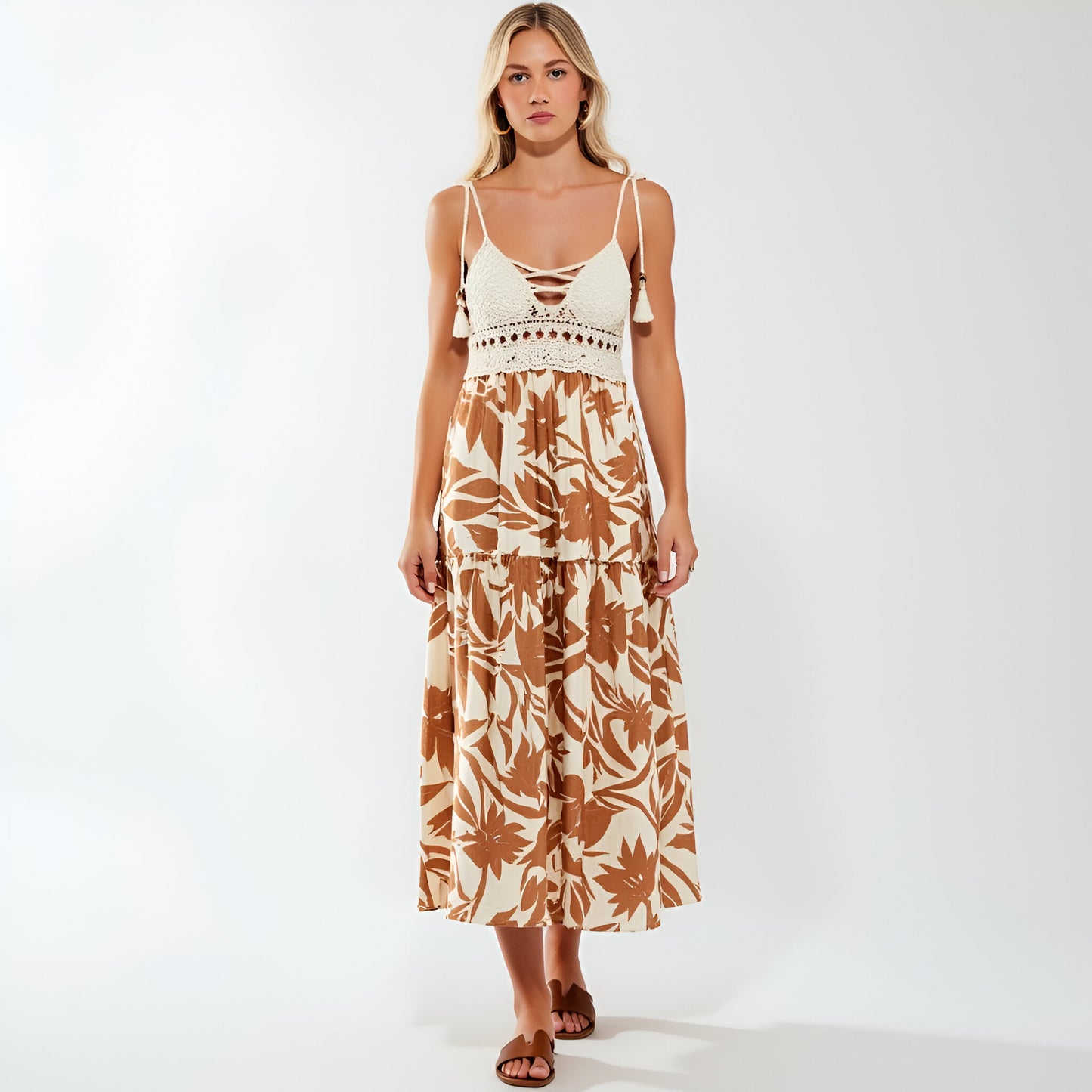 Tropical Print Midi Dress with Crochet Bodice and Tie Shoulder Straps