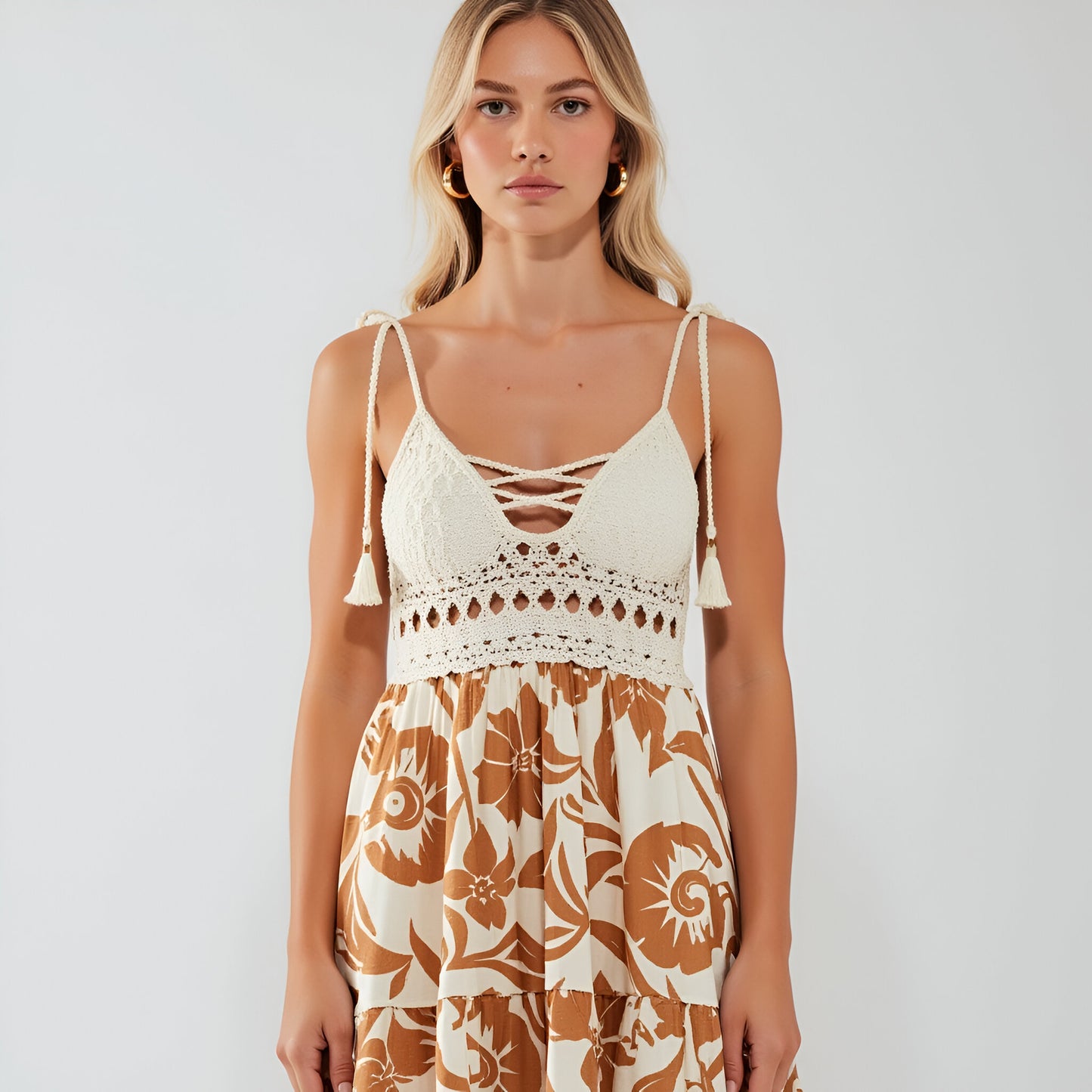 Tropical Print Midi Dress with Crochet Bodice and Tie Shoulder Straps