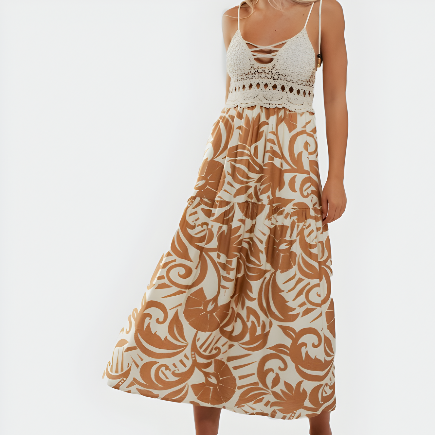 Tropical Print Midi Dress with Crochet Bodice and Tie Shoulder Straps