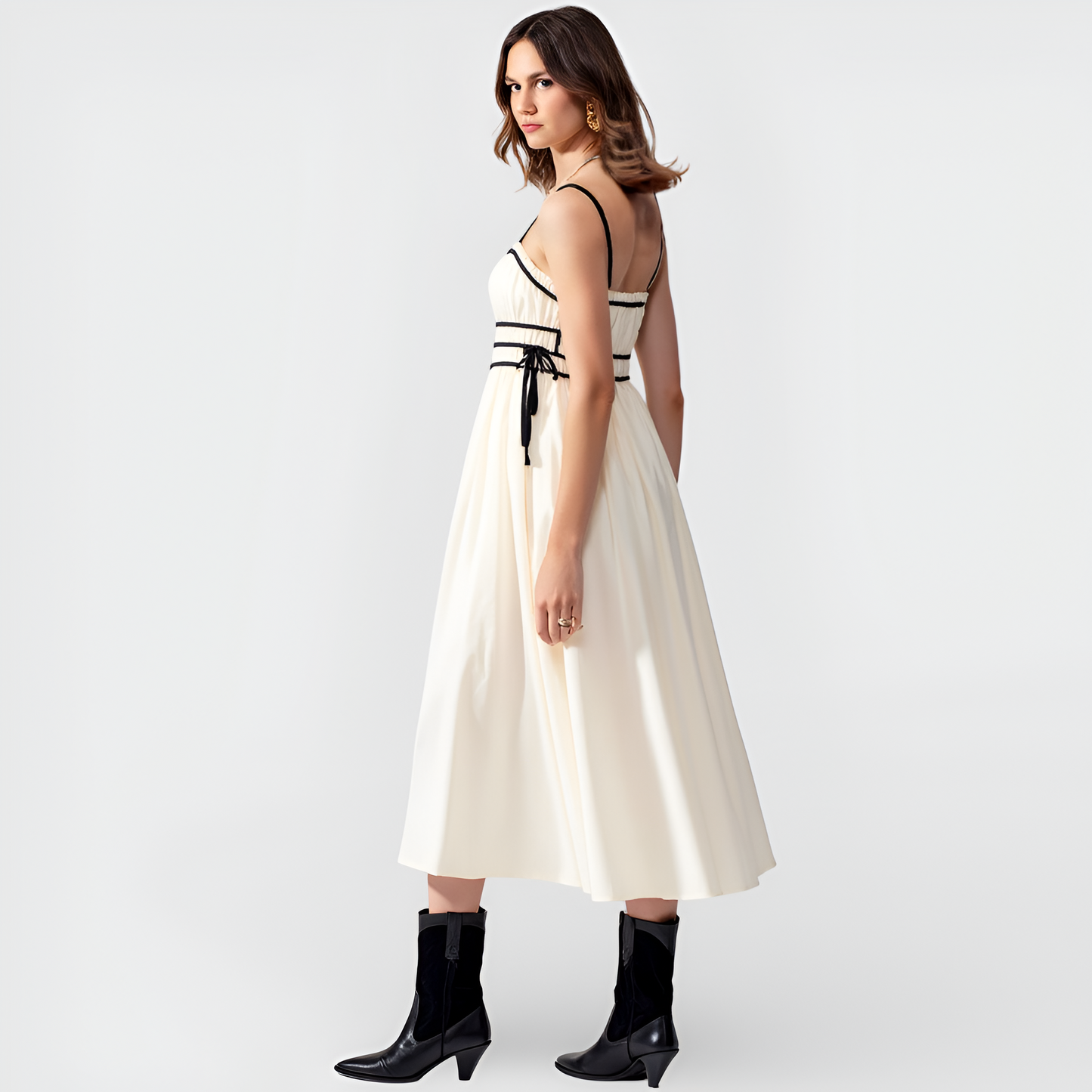 Smocked Waist Midi Dress with Contrast Trim and Spaghetti Straps