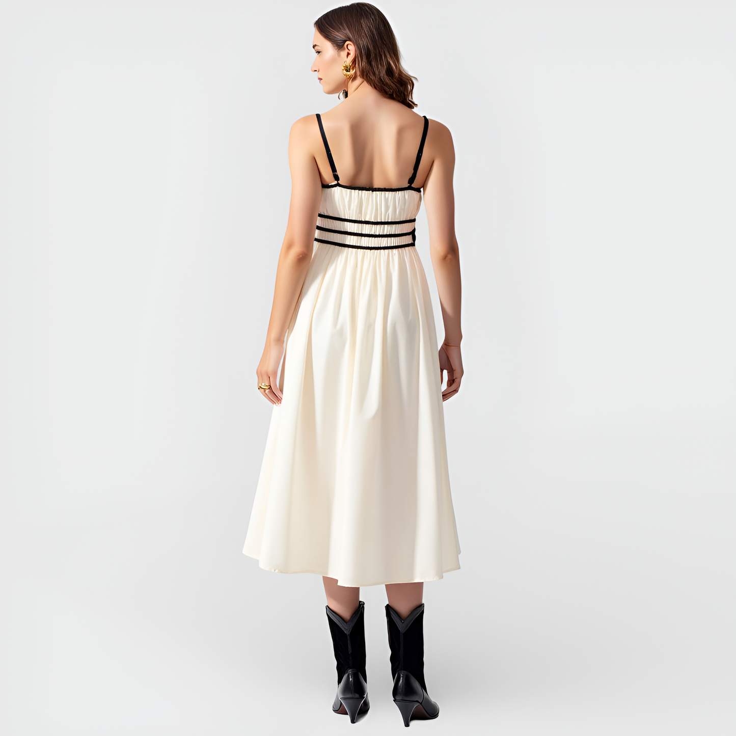 Smocked Waist Midi Dress with Contrast Trim and Spaghetti Straps