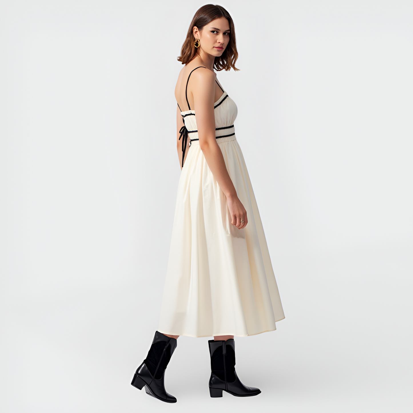 Smocked Waist Midi Dress with Contrast Trim and Spaghetti Straps