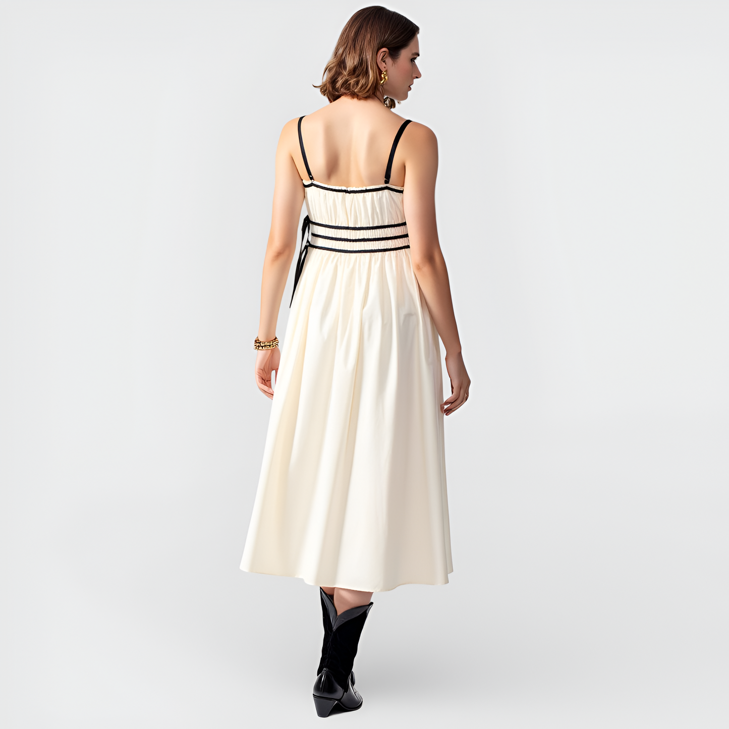 Smocked Waist Midi Dress with Contrast Trim and Spaghetti Straps