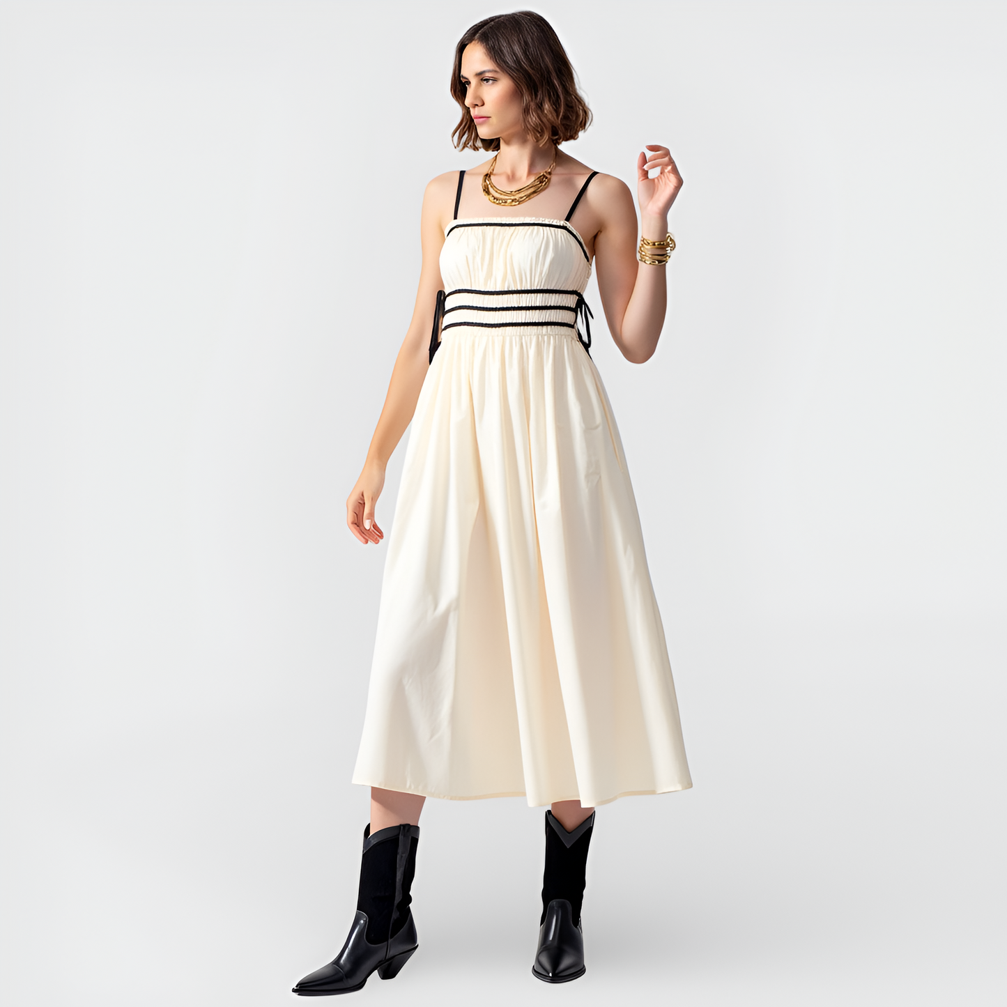 Smocked Waist Midi Dress with Contrast Trim and Spaghetti Straps