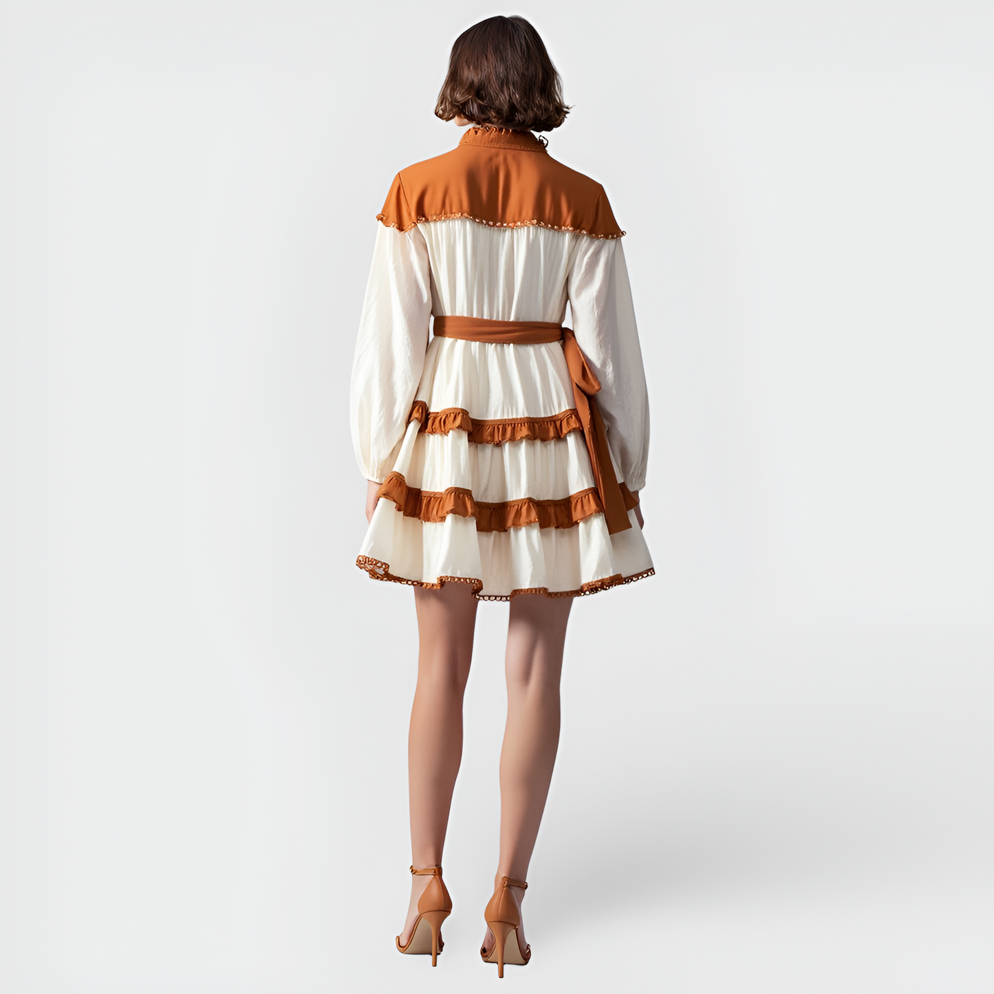 Contrast Trim Mini Dress with Button Front, Waist Tie and Tiered Skirt