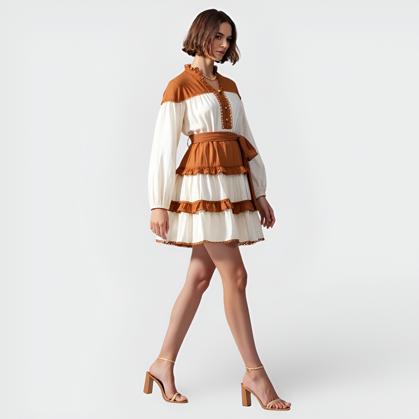 Contrast Trim Mini Dress with Button Front, Waist Tie and Tiered Skirt