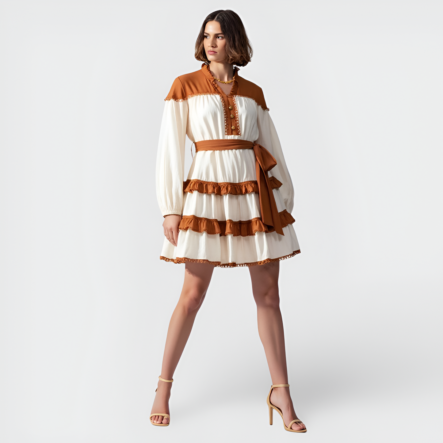Contrast Trim Mini Dress with Button Front, Waist Tie and Tiered Skirt