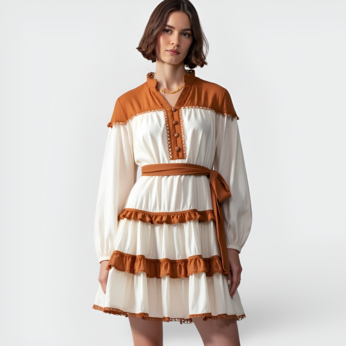 Contrast Trim Mini Dress with Button Front, Waist Tie and Tiered Skirt