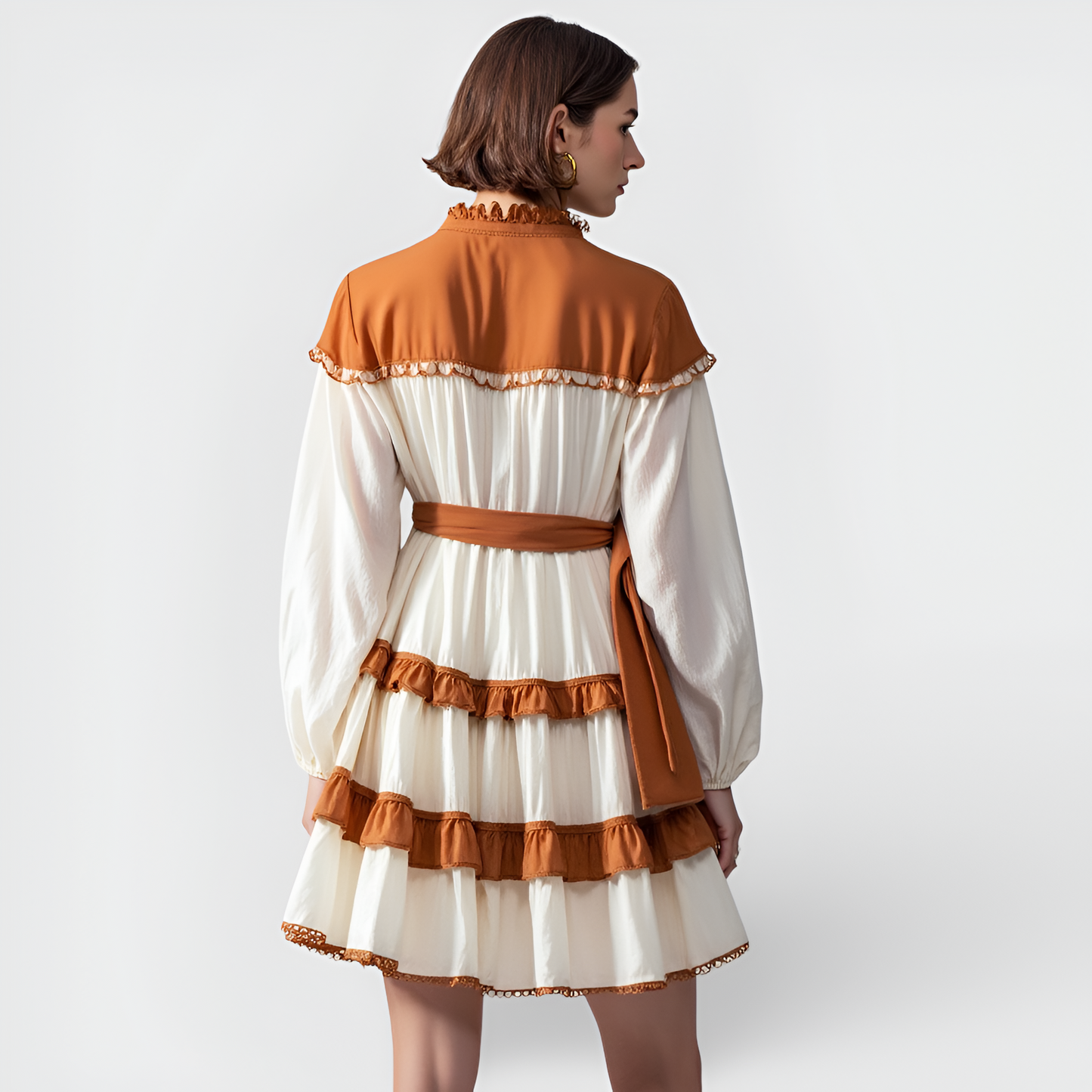 Contrast Trim Mini Dress with Button Front, Waist Tie and Tiered Skirt