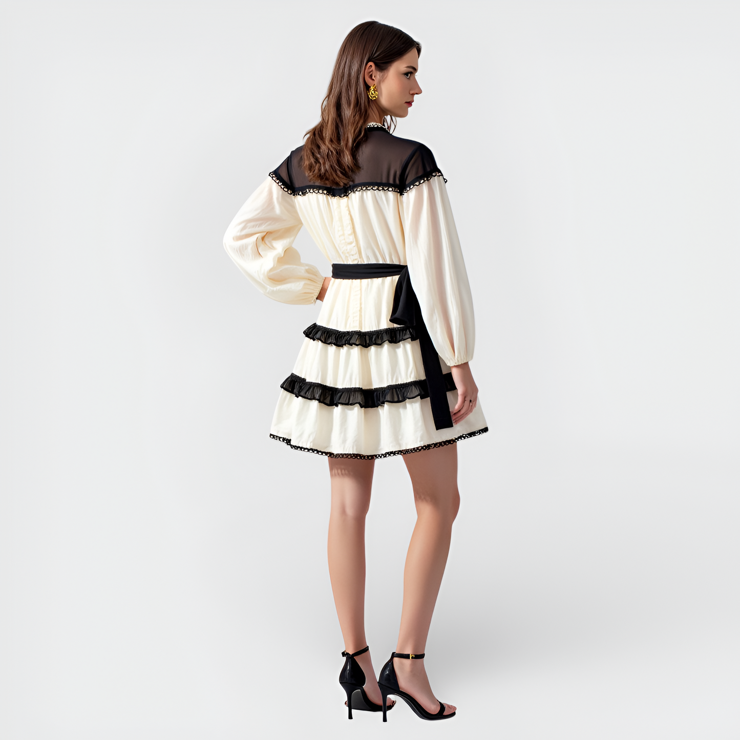 Contrast Trim Mini Dress with Sheer Yoke, Tiered Skirt and Waist Tie