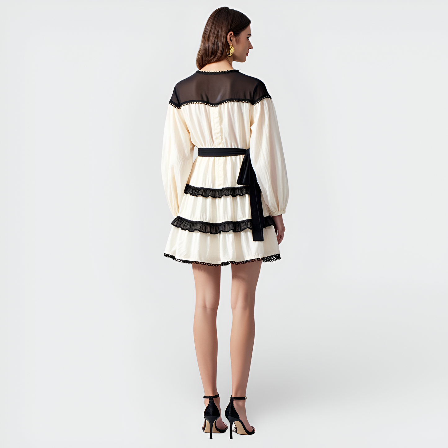 Contrast Trim Mini Dress with Sheer Yoke, Tiered Skirt and Waist Tie