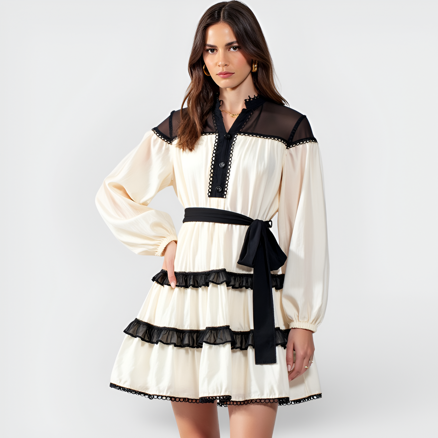 Contrast Trim Mini Dress with Sheer Yoke, Tiered Skirt and Waist Tie