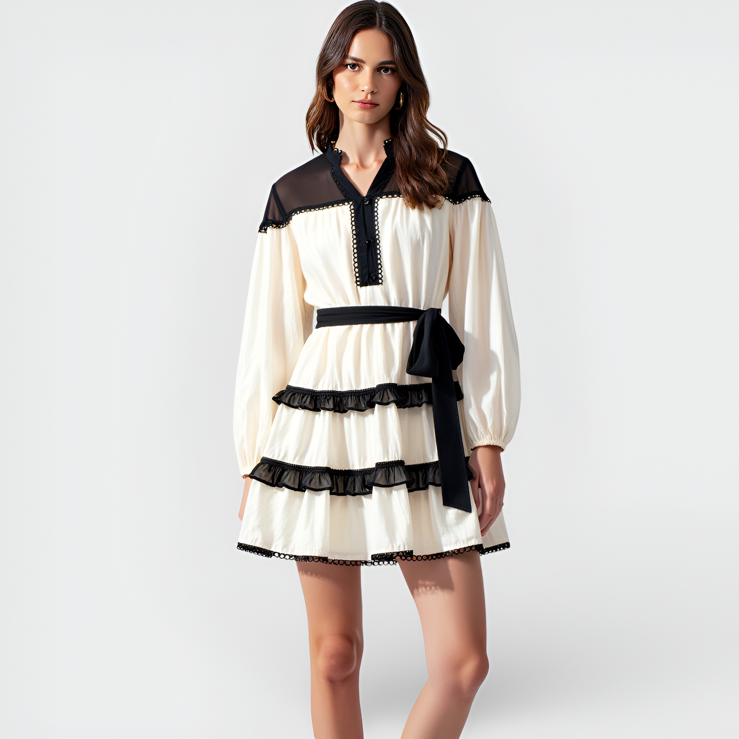 Contrast Trim Mini Dress with Sheer Yoke, Tiered Skirt and Waist Tie