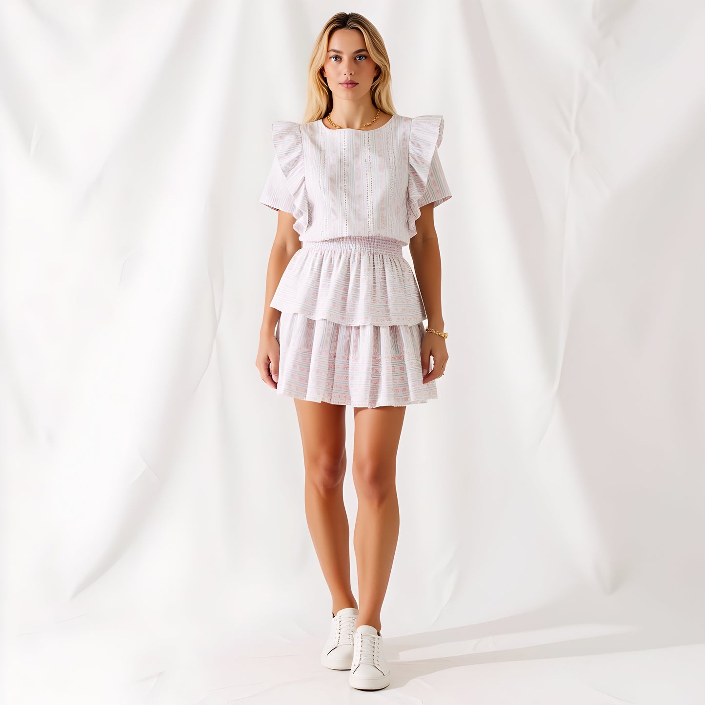 Textured Ruffle Sleeve Mini Dress with Tiered Hem and Subtle Stripe Pattern