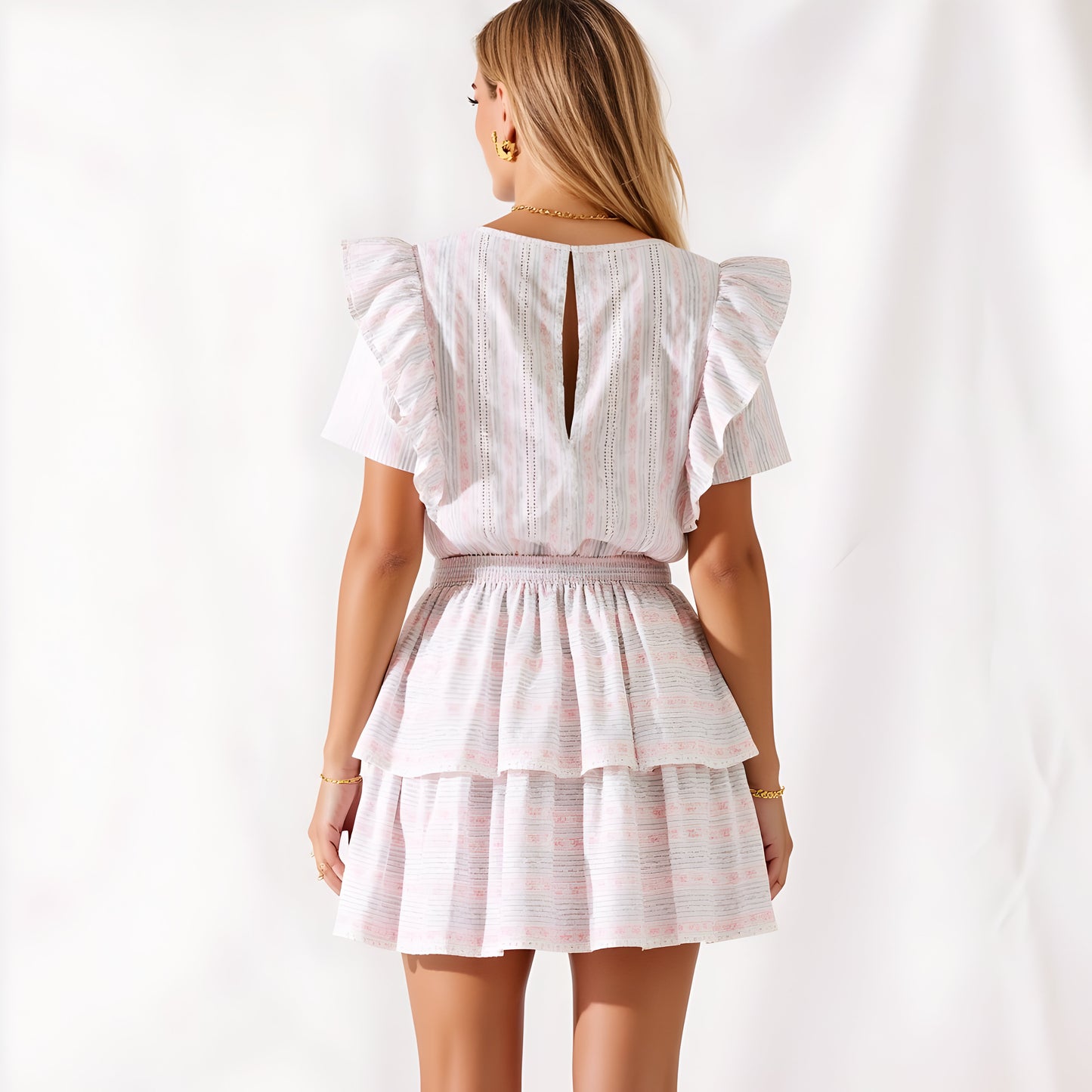 Textured Ruffle Sleeve Mini Dress with Tiered Hem and Subtle Stripe Pattern