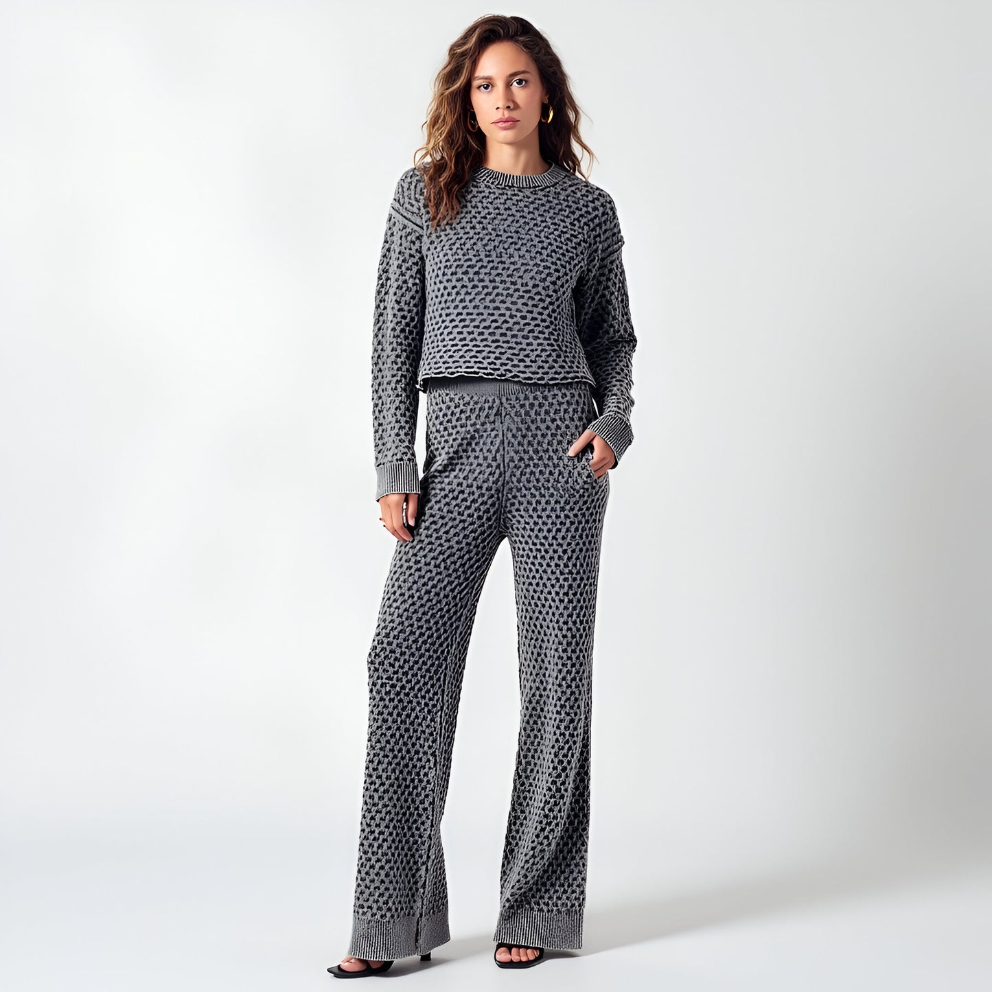 Textured Knit Sweater Set with Crewneck Pullover and Wide-Leg Pants