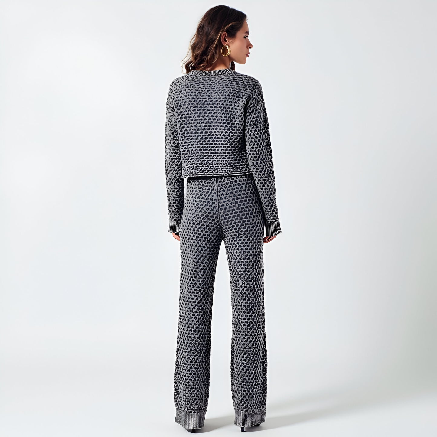 Textured Knit Sweater Set with Crewneck Pullover and Wide-Leg Pants