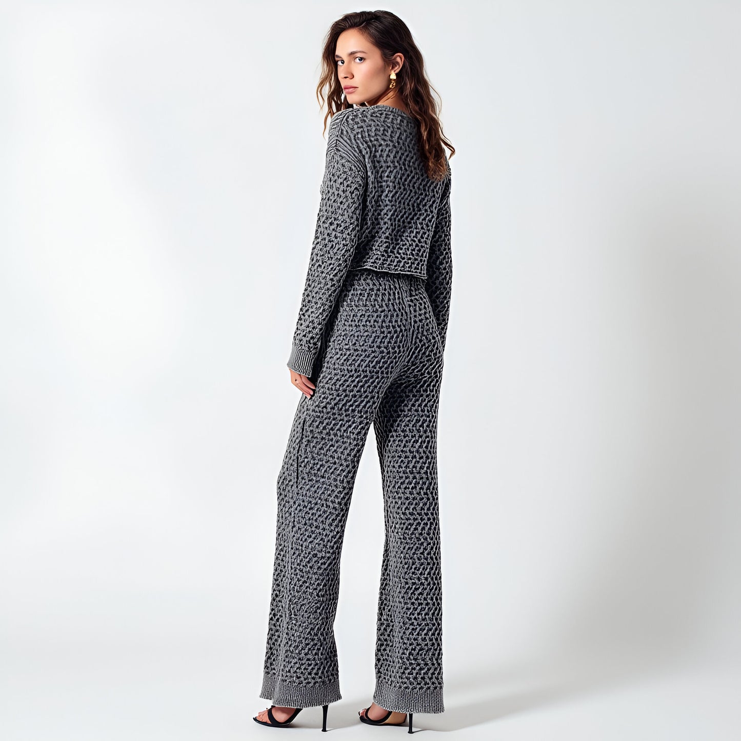 Textured Knit Sweater Set with Crewneck Pullover and Wide-Leg Pants