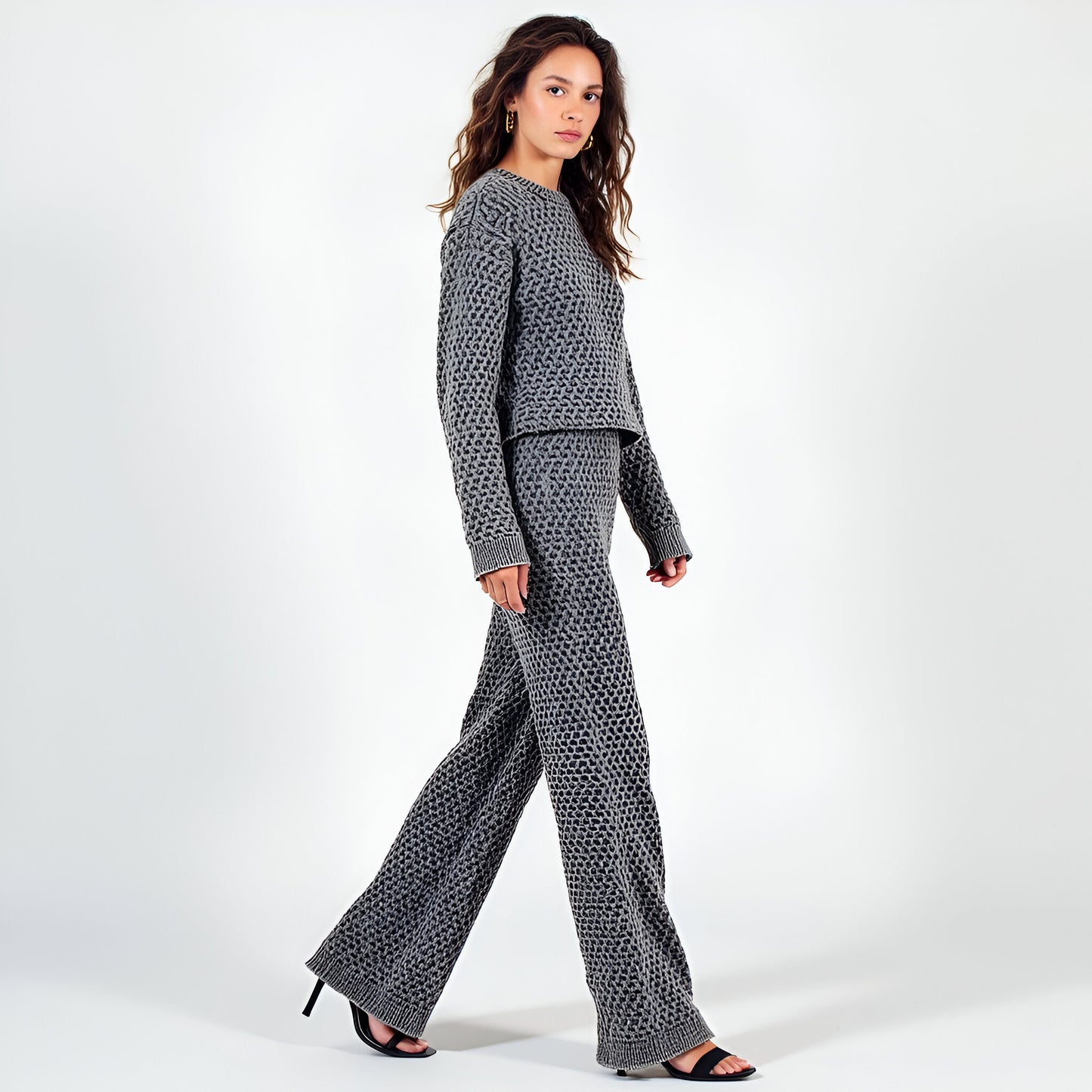Textured Knit Sweater Set with Crewneck Pullover and Wide-Leg Pants