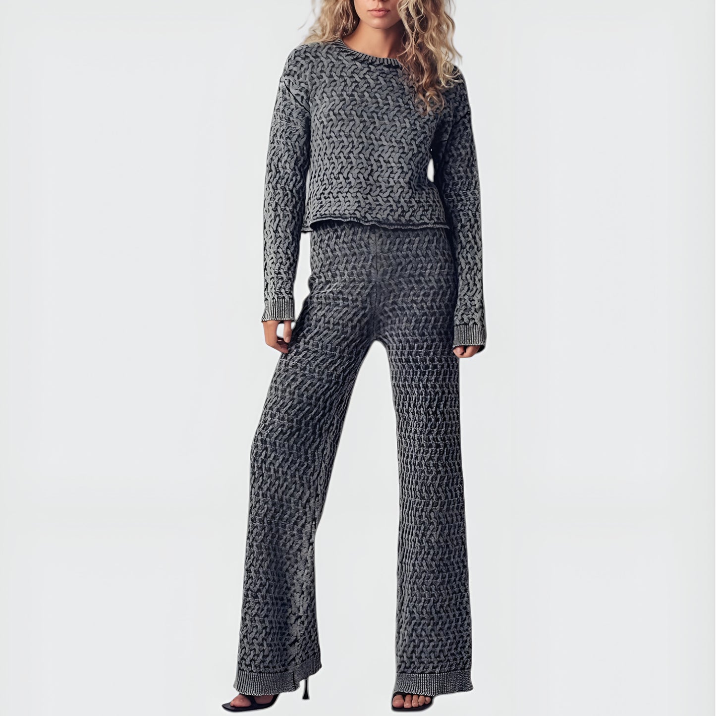 Textured Knit Sweater Set with Crewneck Pullover and Wide-Leg Pants