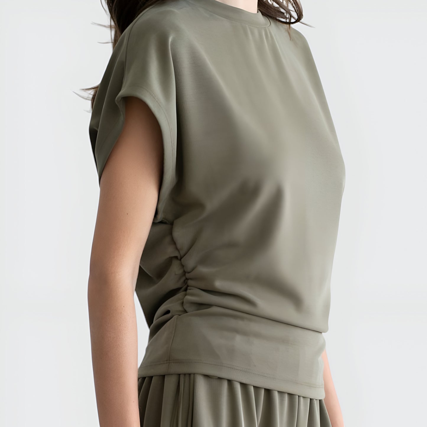 Ruched Side Cap Sleeve Top with Cinched Waist and Relaxed Fit