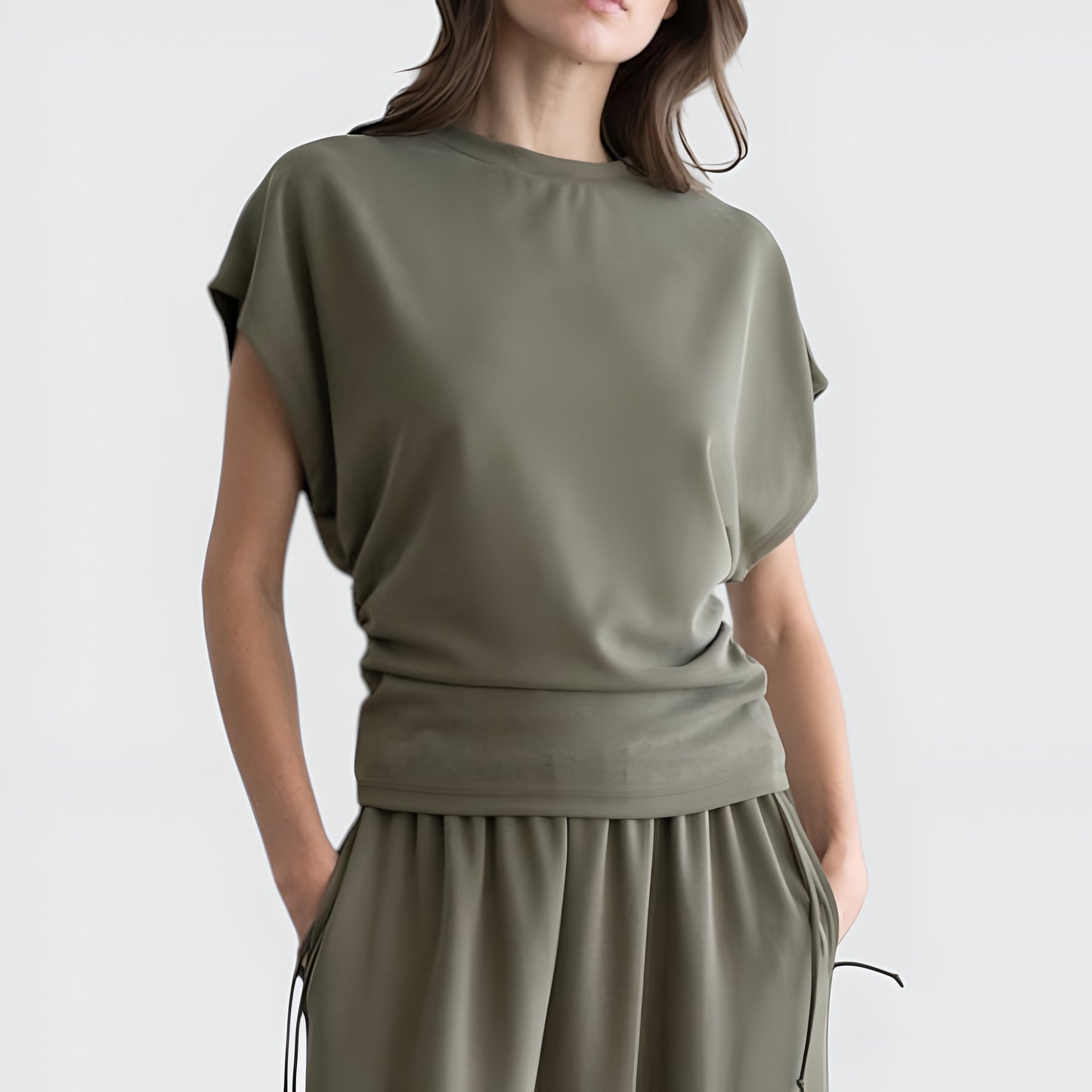 Ruched Side Cap Sleeve Top with Cinched Waist and Relaxed Fit