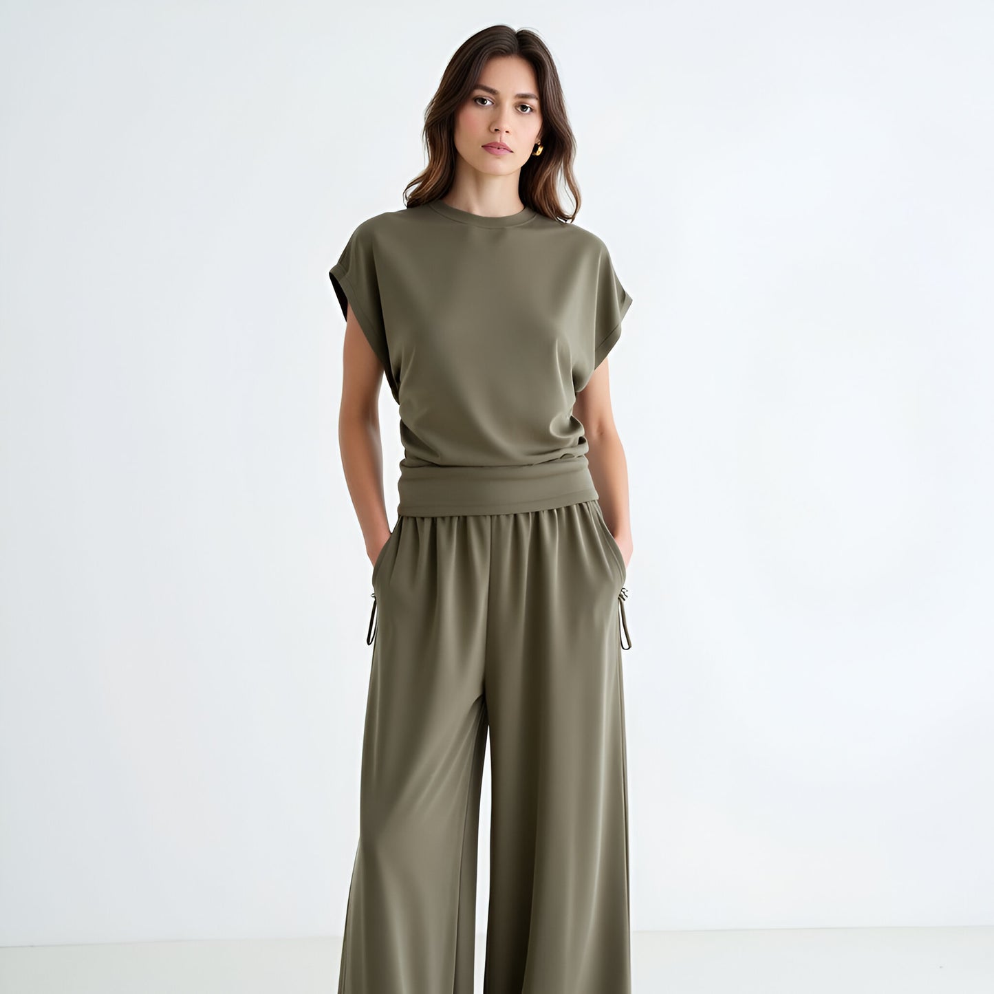 Ruched Side Cap Sleeve Top with Cinched Waist and Relaxed Fit