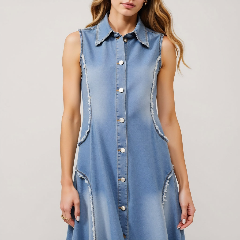 Sleeveless Denim Midi Dress with Frayed Seams and Button Front