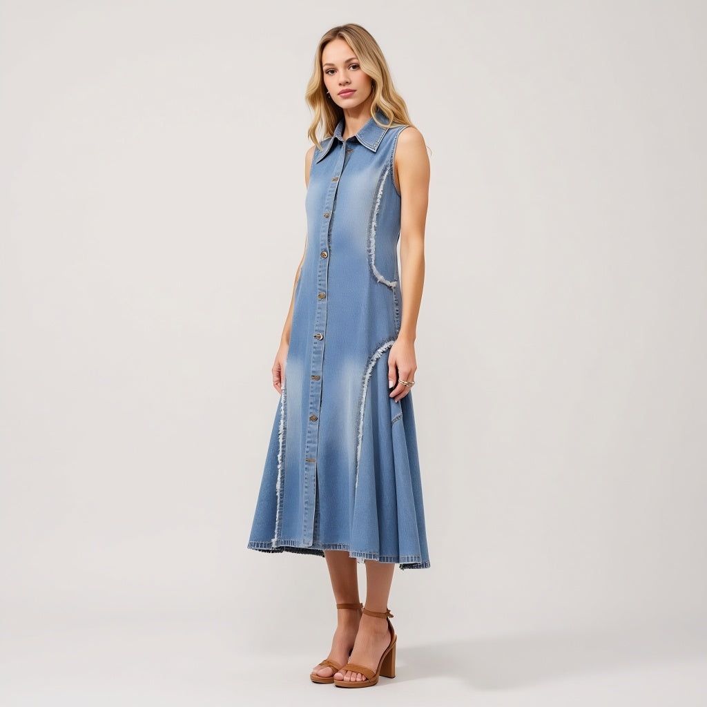 Sleeveless Denim Midi Dress with Frayed Seams and Button Front