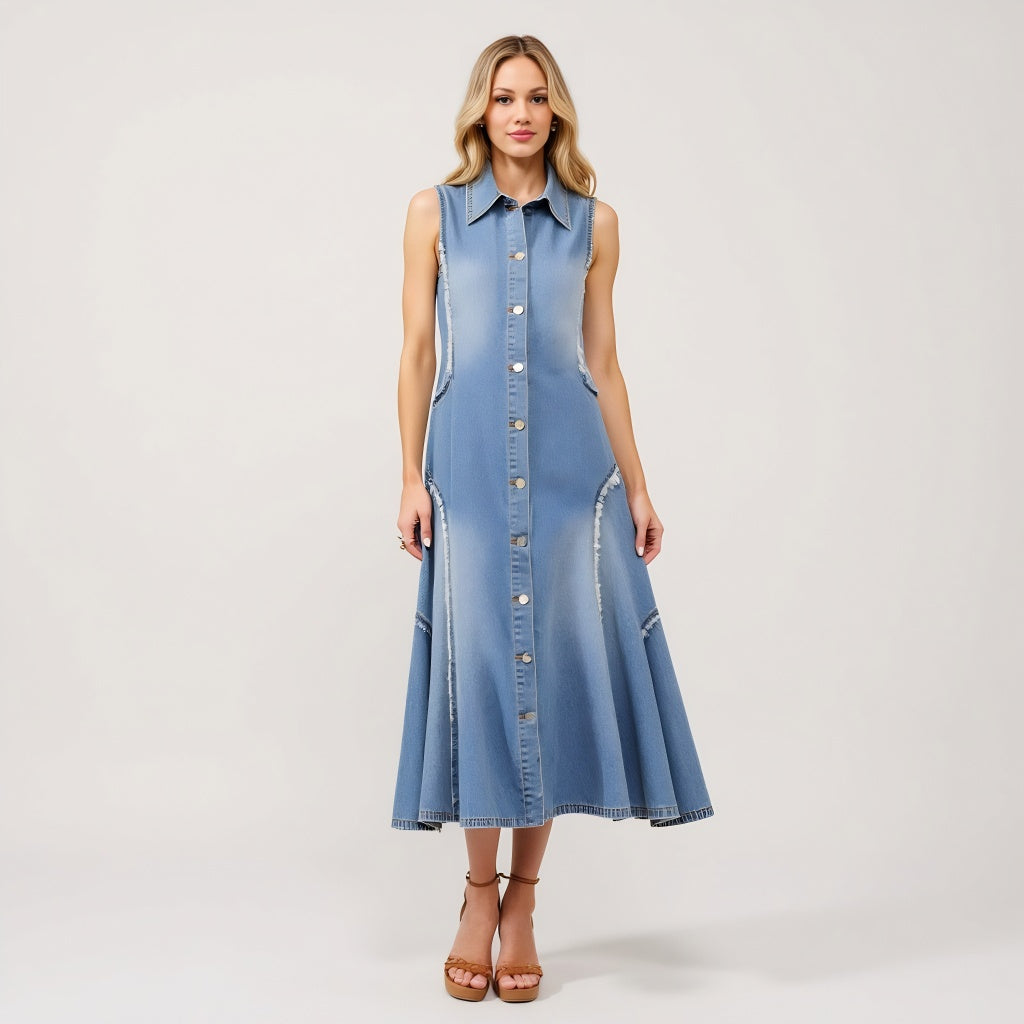 Sleeveless Denim Midi Dress with Frayed Seams and Button Front