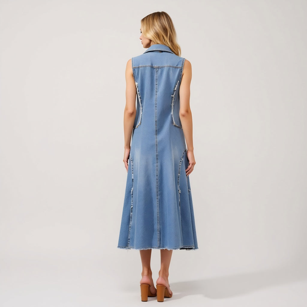 Sleeveless Denim Midi Dress with Frayed Seams and Button Front