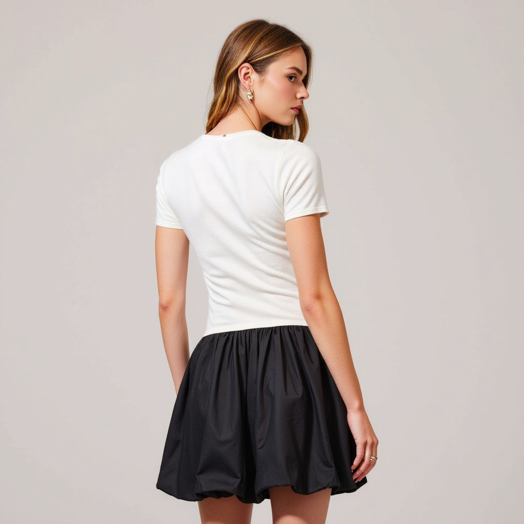 Short-Sleeve Knit and Poplin Mini Dress with Bow Accents