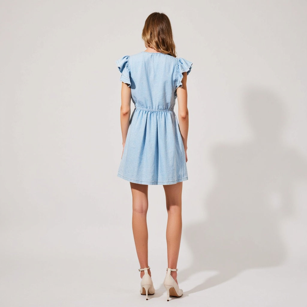 Sleeveless Ruffle Denim Mini Dress with Bow-Tie Front and Drawstring Waist