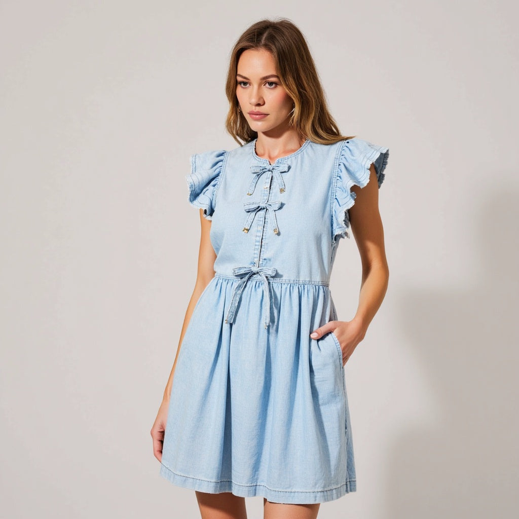 Sleeveless Ruffle Denim Mini Dress with Bow-Tie Front and Drawstring Waist
